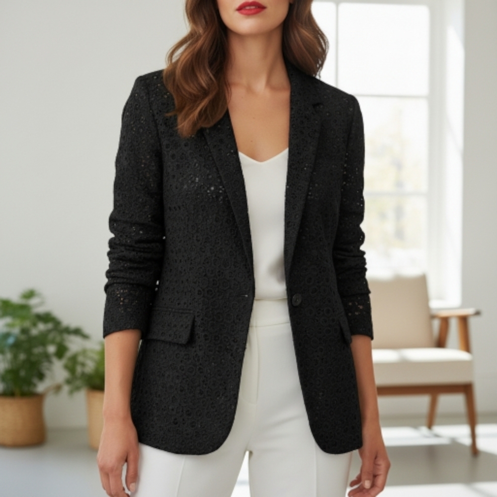 Dana Buchman Black Lace Overlay One Button Blazer Size 2